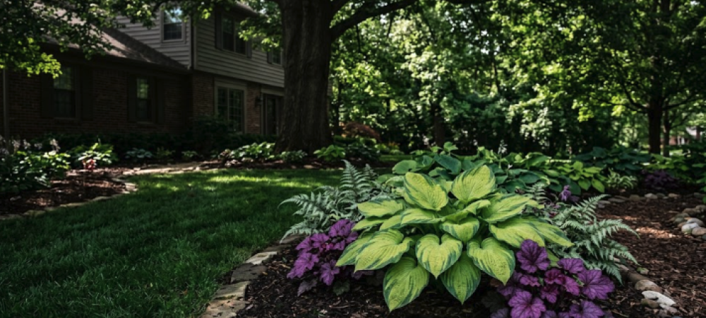 Hostas and Coral Bells in shaded lawn